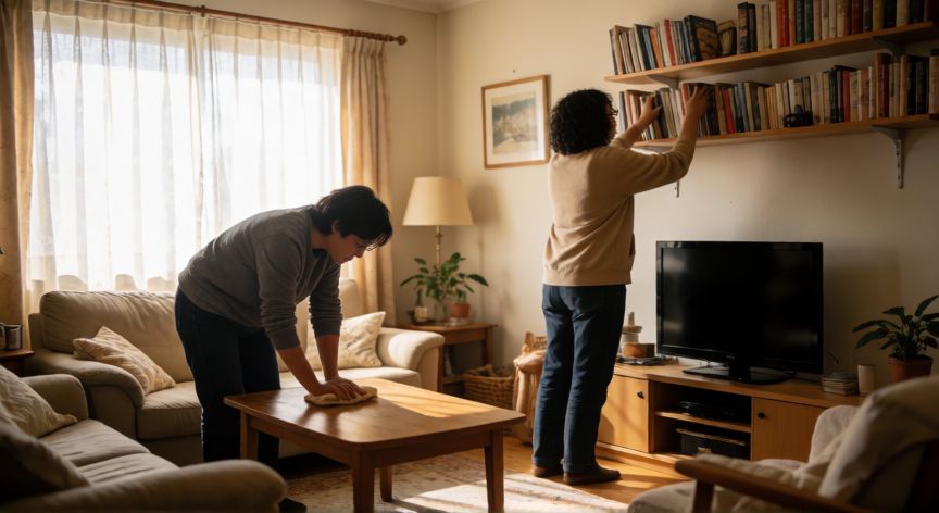 en qué situaciones cambiarías yo ayudo en casa por yo colaboro o coopero en casa, Persona ordenando libros en casa mientras otra limpia una mesa