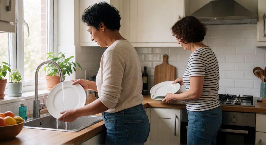 en qué situaciones cambiarías yo ayudo en casa por yo colaboro o coopero en casa, Dos personas organizando la cocina de forma colaborativa