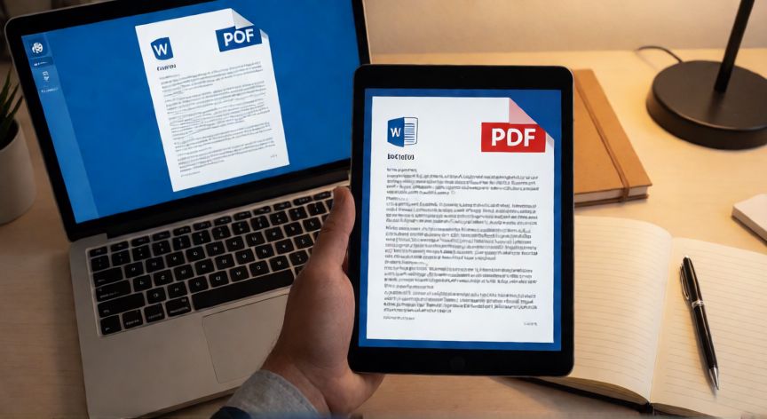 en word a pdf, Comparación visual de un documento en Word en la laptop y su versión en PDF en la tableta