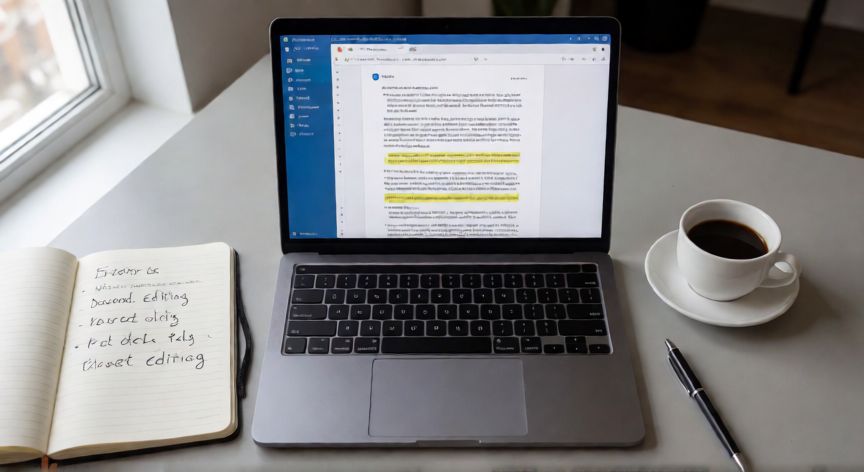en word buscar y reemplazar, Vista cenital de un escritorio con portátil mostrando un documento Word con texto resaltado y notas de edición al lado