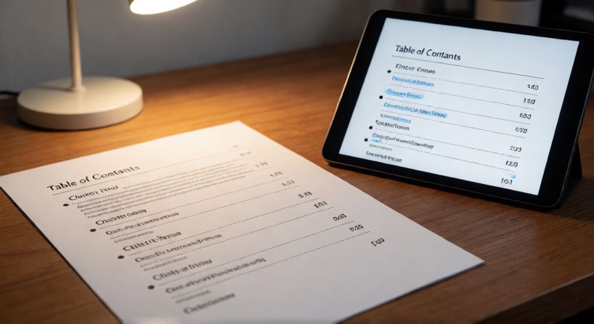 en word como hacer un indice, Documento impreso con índice automático y su versión en PDF en una tableta