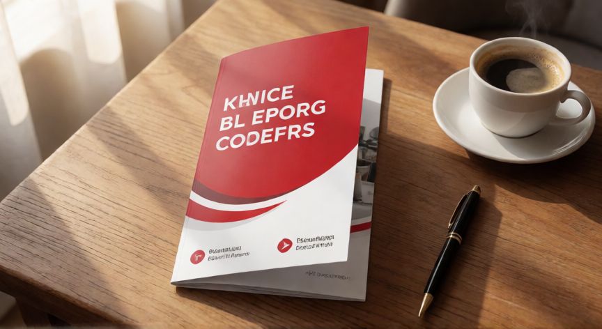en word como hacer un triptico, Tríptico cerrado de pie sobre mesa de madera junto a un café y un bolígrafo