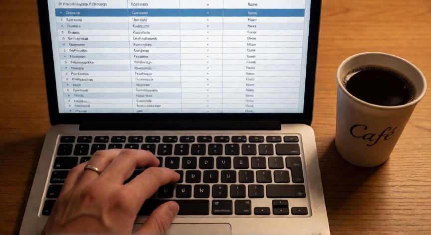 en word como ordenar alfabeticamente, Manos ordenando una tabla alfabéticamente en Word sobre un portátil en un escritorio de oficina