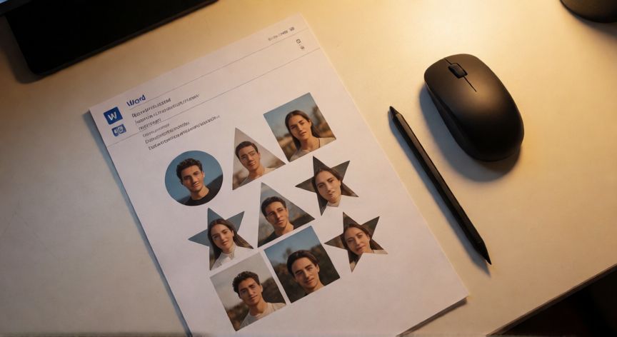 en word como recortar una imagen, Documento impreso de Word con imágenes recortadas en distintas formas sobre un escritorio