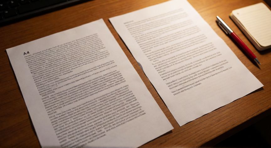en word como se justifica un texto, Documento impreso comparando texto justificado y texto alineado a la izquierda sobre un escritorio de madera