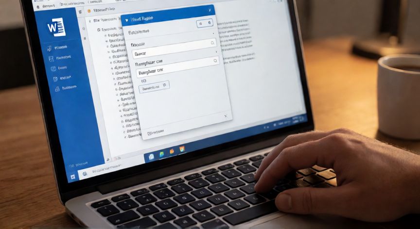 en word como sustituir una palabra por otra, Diálogo de Buscar y Reemplazar abierto en Microsoft Word sobre una portátil