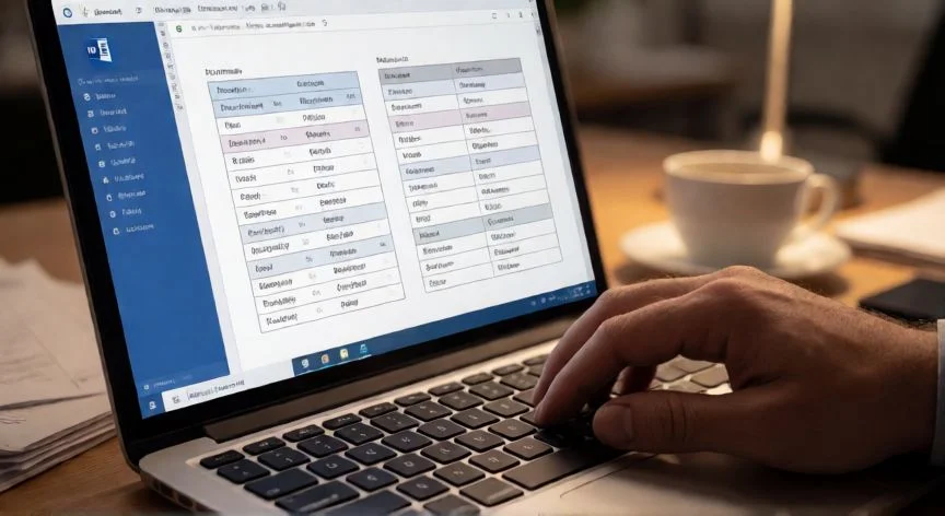 Manos uniendo dos tablas en Word con el asa de selección visible