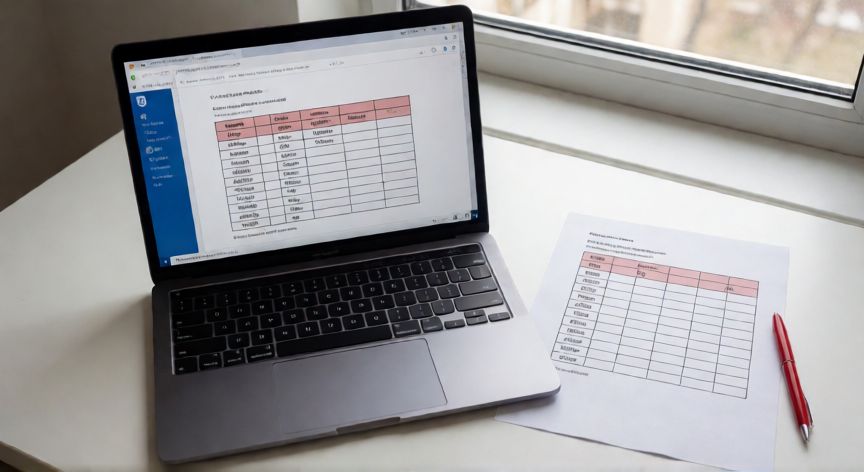 en word como unir dos tablas, Vista cenital de una mesa de trabajo con Word abierto mostrando una tabla fusionada