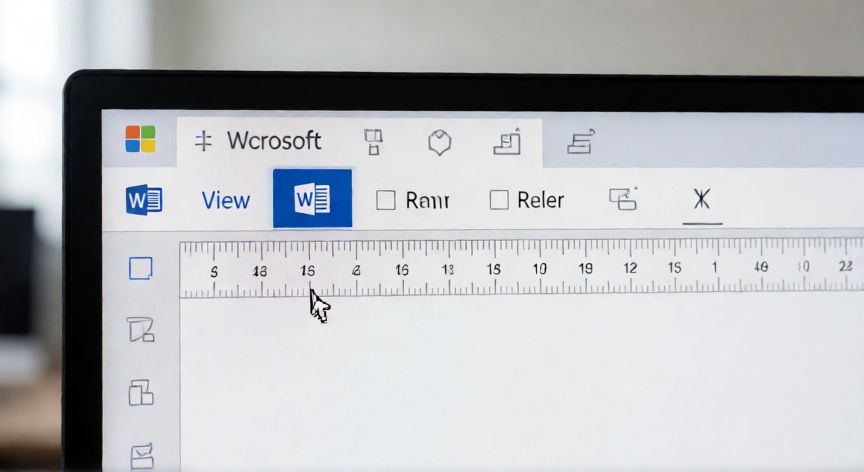 en word como ver la regla, Captura de la pestaña Vista en Word con la casilla Regla marcada y la regla horizontal visible sobre el documento