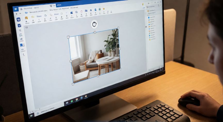 en word como voltear una imagen, Imagen seleccionada en Word con el icono de rotación visible y la pestaña Formato activa