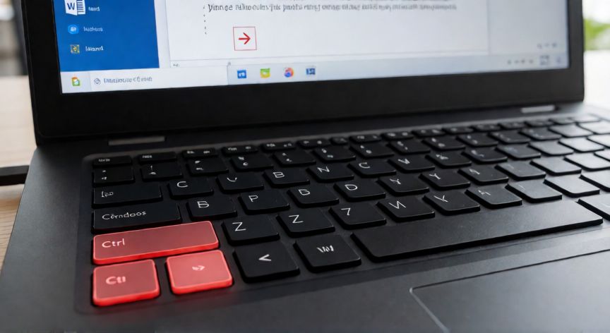 en word ctrl z, Teclado de portátil con las teclas Ctrl y Z resaltadas y una ventana de Word abierta al fondo