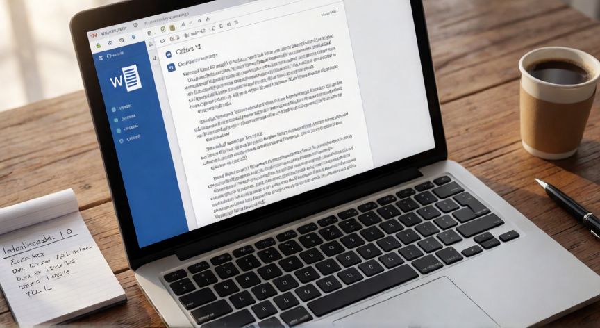 en word cual es el interlineado sencillo, Documento Word con interlineado sencillo de 1.0 en una laptop sobre escritorio
