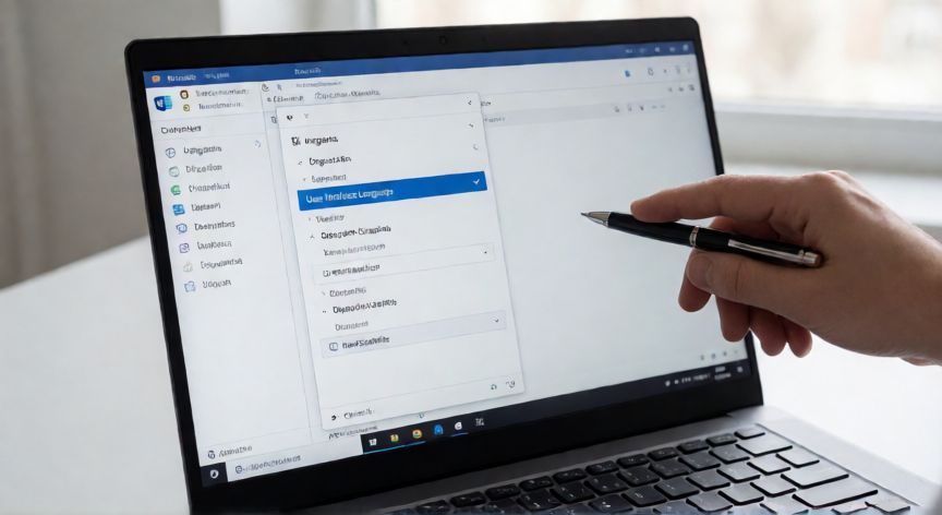 en word donde cambio el idioma, Ventana de Opciones de Word mostrando la sección Idioma con el desplegable de idioma de interfaz seleccionado
