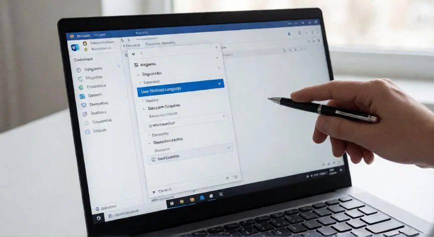 Ventana de Opciones de Word mostrando la sección Idioma con el desplegable de idioma de interfaz seleccionado