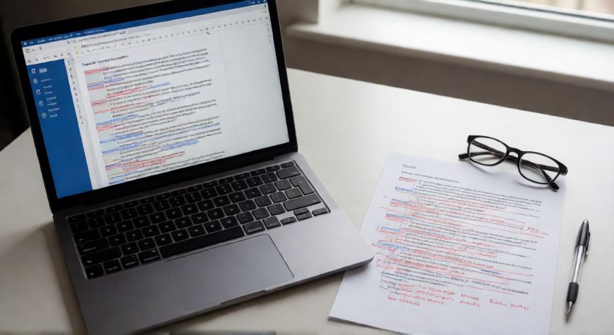 en word donde esta el control de cambios, Documento en Word con marcas de revisión visibles junto a una copia impresa anotada a mano sobre un escritorio de oficina