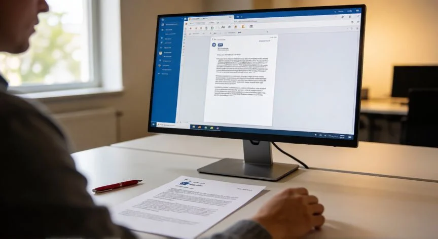Persona editando un documento PDF abierto en Microsoft Word en una oficina moderna