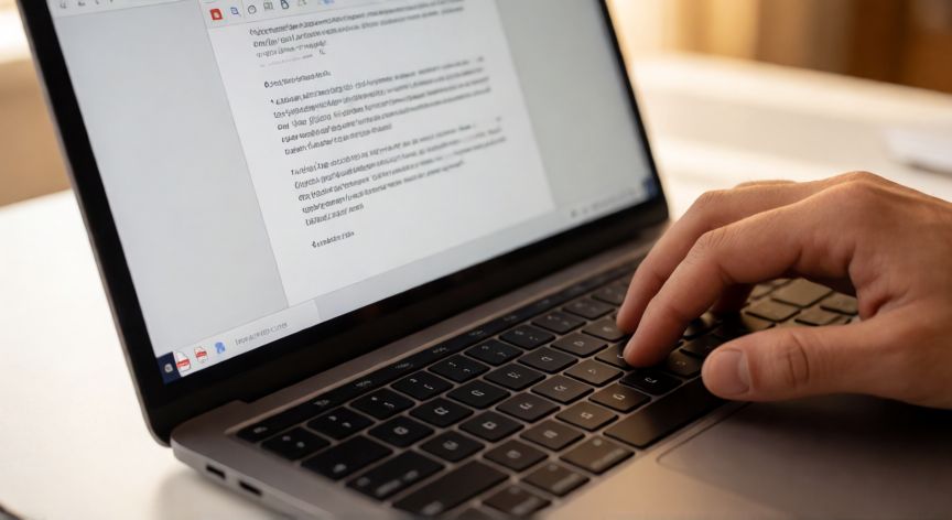 en word editar pdf, Manos editando texto en un documento convertido de PDF a Word en una laptop