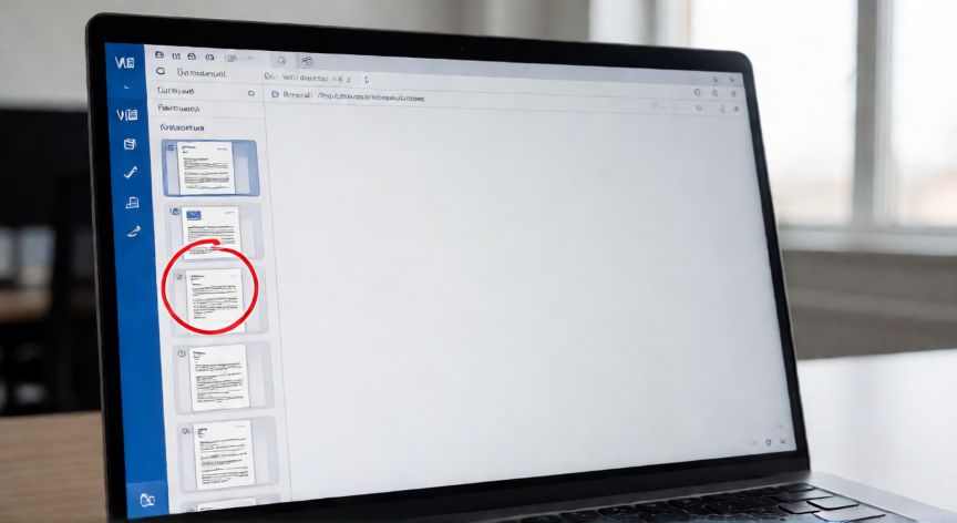en word eliminar pagina, Vista de miniaturas de página en Microsoft Word con una página seleccionada para eliminar