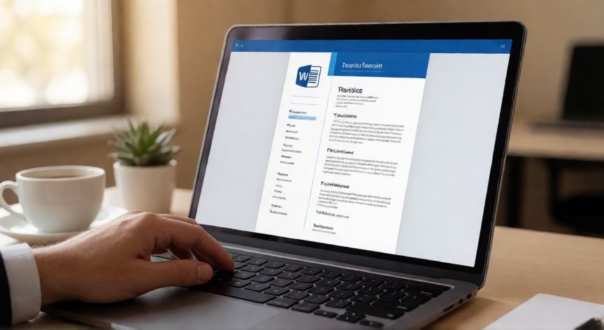 en word hay plantillas para cv, Pantalla de Word mostrando una plantilla de currículum vitae abierta en un escritorio de oficina