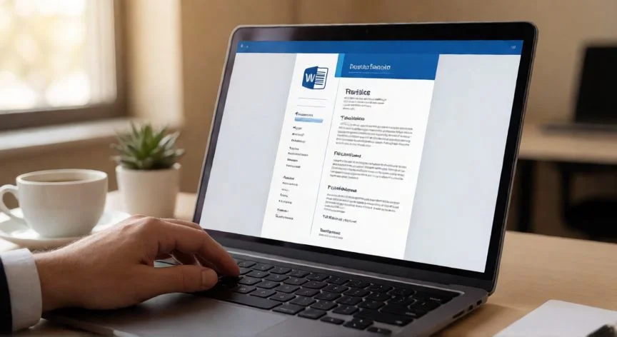 Pantalla de Word mostrando una plantilla de currículum vitae abierta en un escritorio de oficina