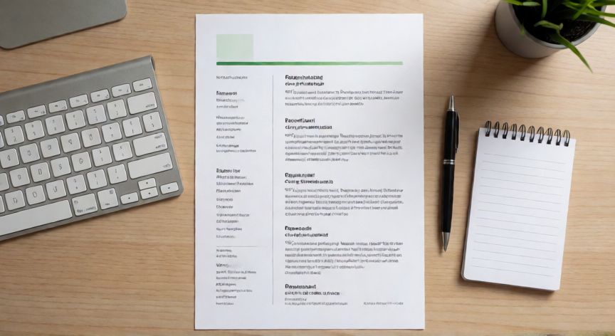 en word hay plantillas para cv, Currículum impreso de una columna sobre un escritorio de madera junto a un teclado y un bolígrafo