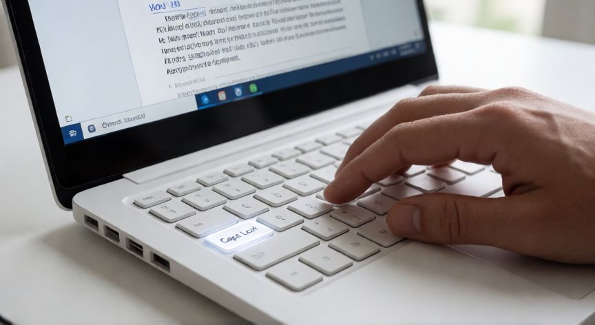 en word letra capital, Teclado con la tecla Bloq Mayús activada mientras se escribe en Microsoft Word texto en mayúsculas