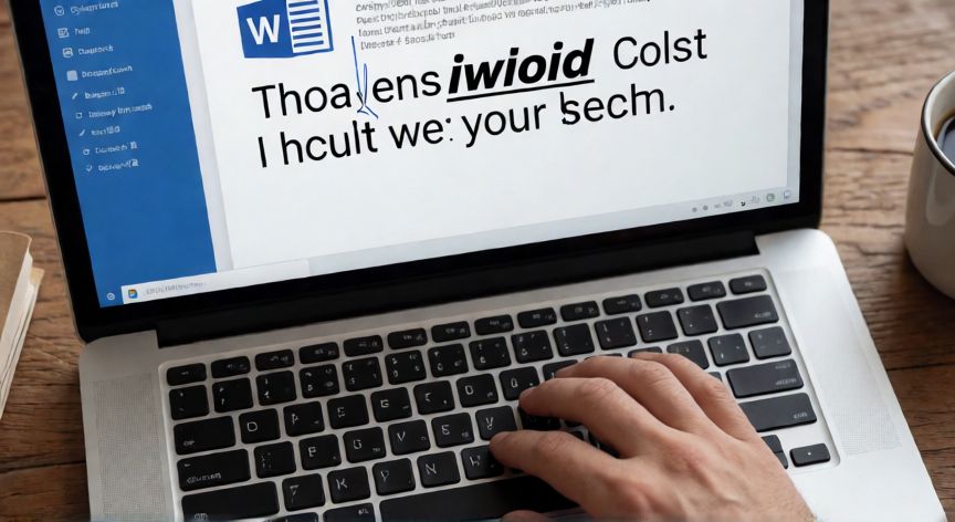 en word letra cursiva, Manos escribiendo en un portátil con Word abierto mostrando texto en cursiva