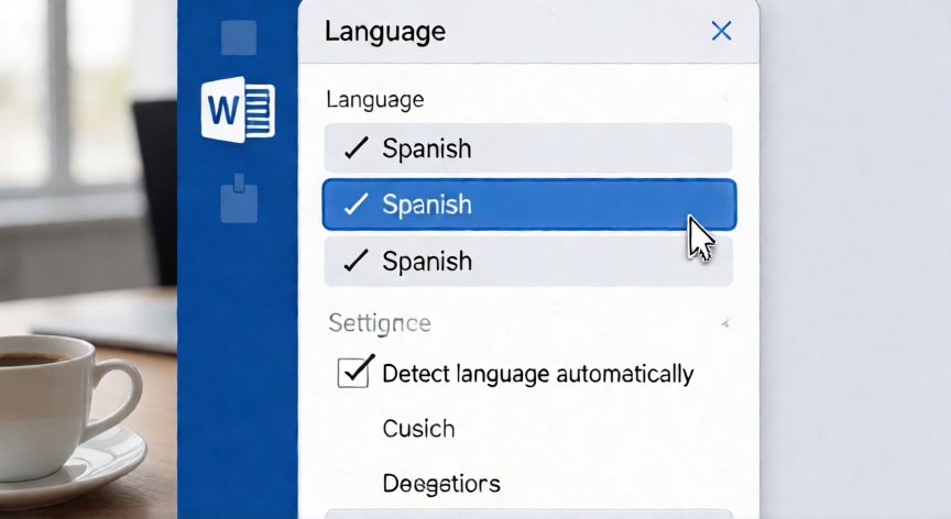 en word me aparece todo subrayado en rojo, Ventana de configuración de idioma en Word seleccionando Español