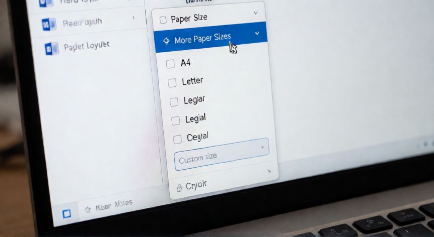 en word no me aparece tamaño oficio, Ventana de Word mostrando el menú desplegable de tamaños de papel con la opción Más tamaños de papel resaltada