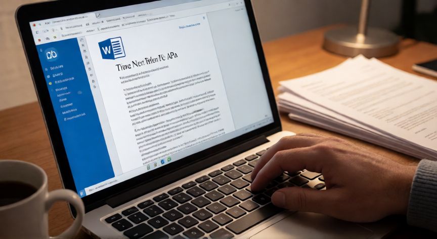 en word normas apa, Persona escribiendo un documento en Word con formato APA: interlineado doble y sangría de párrafo visibles
