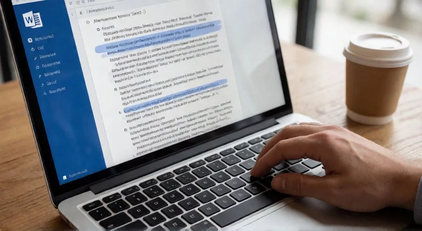 Manos usando atajos de teclado Ctrl+C y Ctrl+V en un documento de Word en una laptop