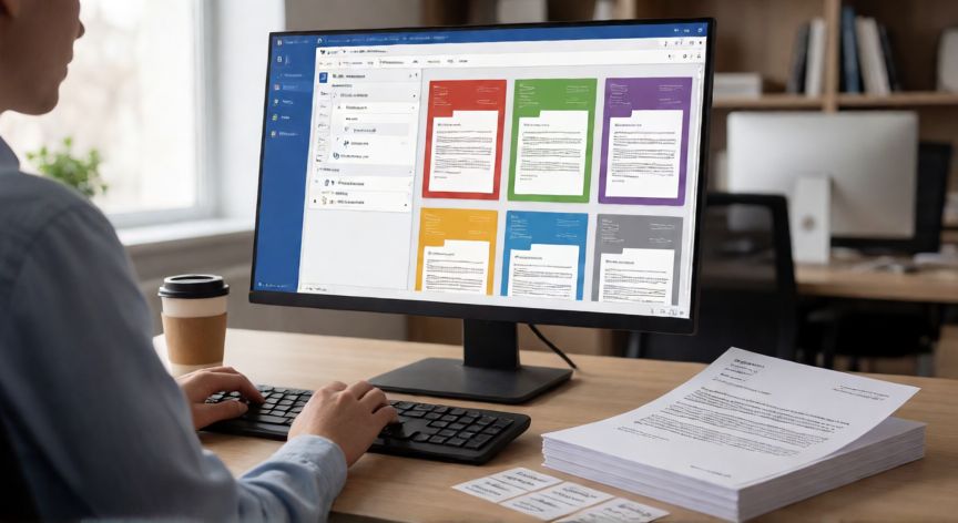 en word para que se utiliza combinar correspondencia, Persona usando la función Combinar Correspondencia en Word con documentos personalizados impresos sobre el escritorio