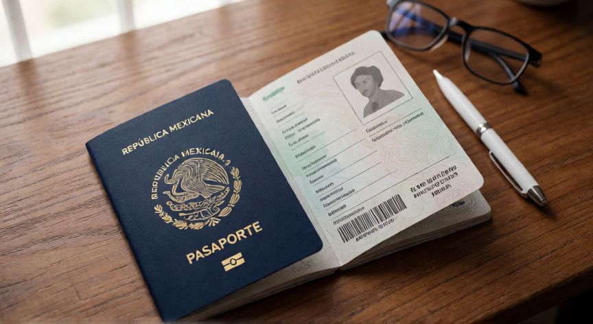 en word plantilla pasaporte mexicano para imprimir, Plantilla de pasaporte mexicano abierta sobre un escritorio de madera con bolígrafo y gafas