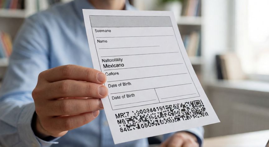 en word plantilla pasaporte mexicano para imprimir, Manos sosteniendo una página impresa de plantilla de pasaporte con campos de datos y código MRZ
