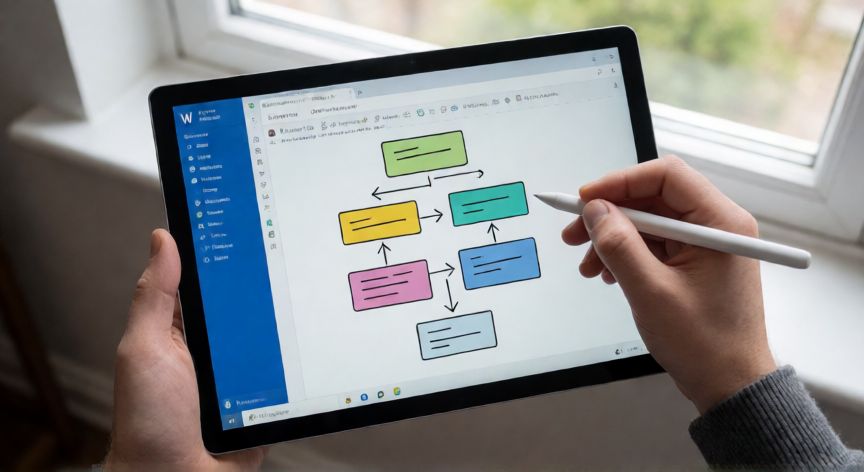 en word puedo dibujar, Persona dibujando con un lápiz digital en una tablet Surface mostrando un diagrama en Word