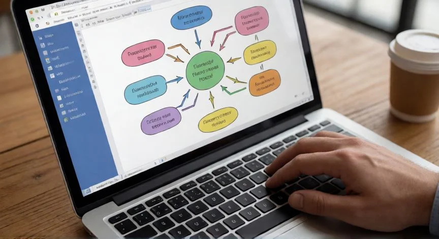Persona usando Microsoft Word en un portátil con un mapa mental visible en pantalla