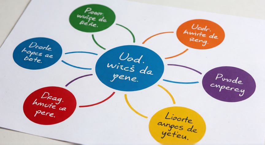 en word puedo hacer un mapa mental, Mapa mental impreso en papel con nodo central y ramas de colores conectadas por líneas curvas