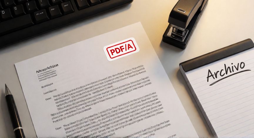 en word que es pda, Documentos de archivado con etiqueta PDF/A sobre escritorio de oficina