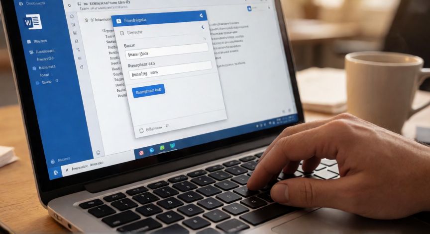 en word reemplazar palabras, Ventana de Buscar y Reemplazar abierta en Microsoft Word sobre un portátil en un escritorio