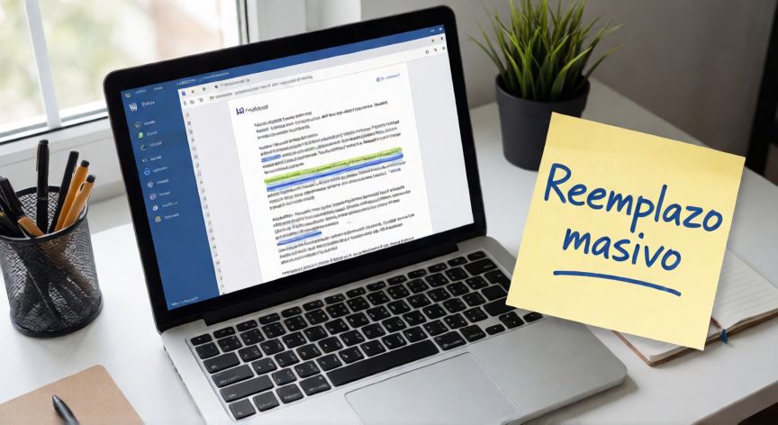 en word reemplazar palabras, Vista cenital de un escritorio con Word abierto mostrando un reemplazo masivo de palabras y una nota adhesiva