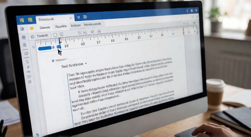 en word regla, Pantalla de Microsoft Word mostrando la regla horizontal con controles de sangría y tabulación siendo arrastrados