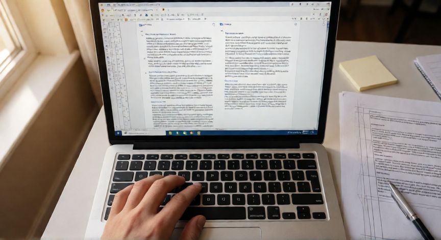 en word regla, Vista cenital de un usuario trabajando en Word con la regla vertical activa en un documento de columnas