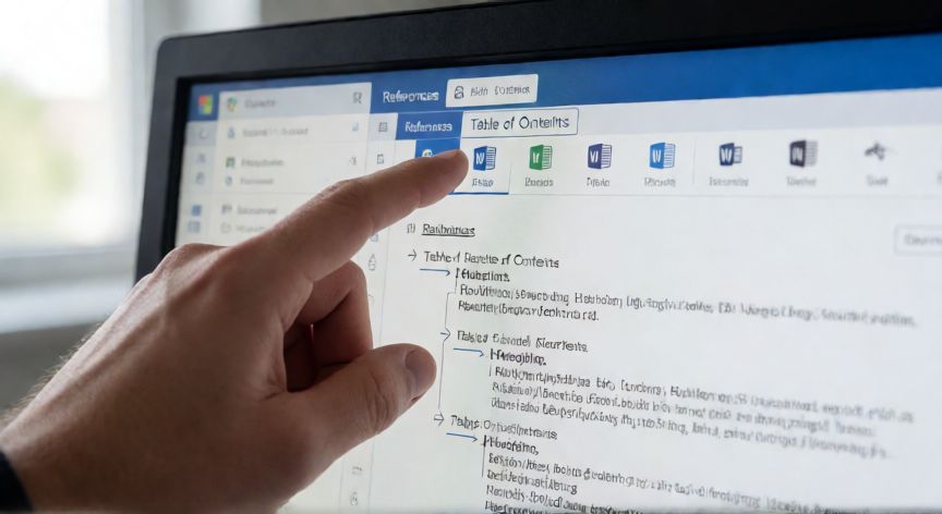 en word se puede crear una tabla de contenido a partir de encabezados y subtítulos, Interfaz de Word con la pestaña Referencias seleccionada para insertar tabla de contenido