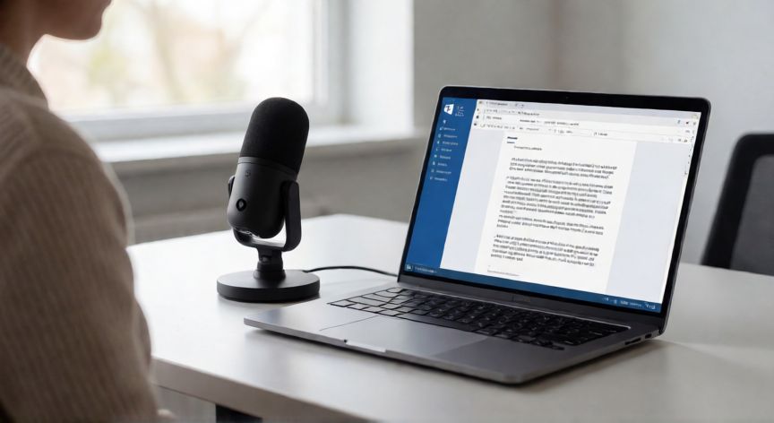 en word se puede dictar por voz, Persona dictando un documento en Microsoft Word usando un micrófono de escritorio