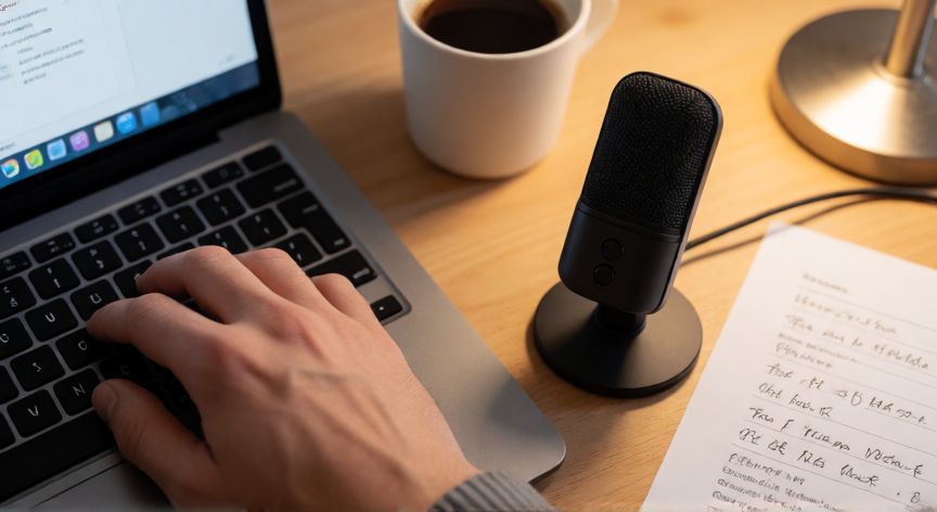en word se puede dictar por voz, Pulso sobre teclado de portátil junto a un micrófono USB para dictar por voz en Word