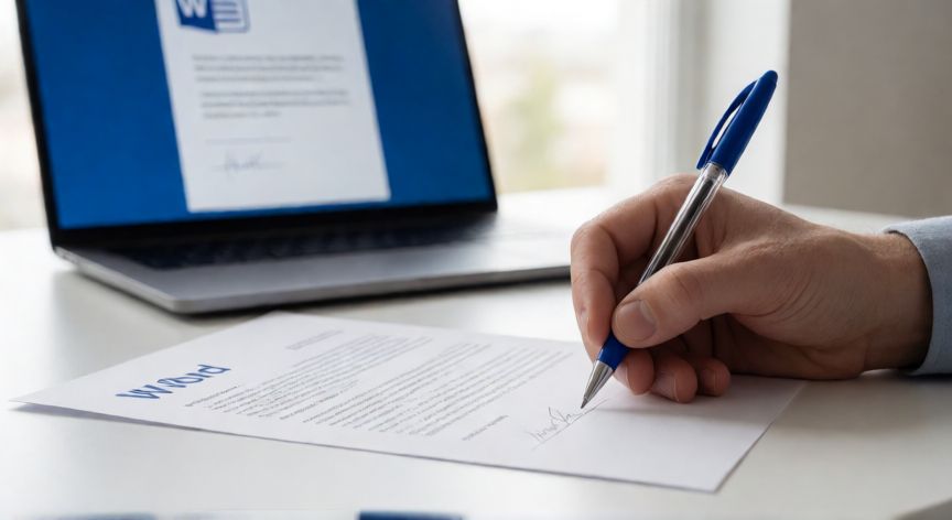 en word se puede firmar, Persona firmando un documento de Word con un bolígrafo azul en un escritorio de oficina
