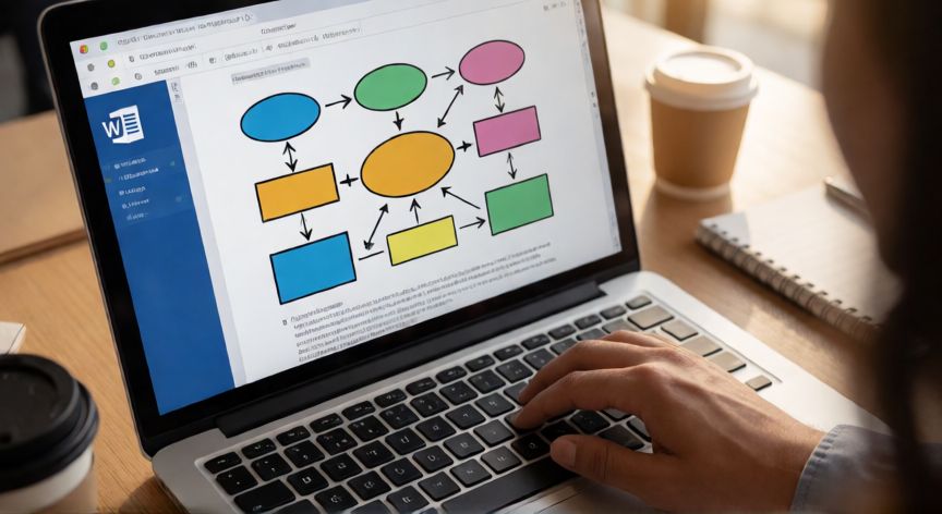 en word se puede hacer un mapa conceptual, Persona creando un mapa conceptual en Microsoft Word en una portátil