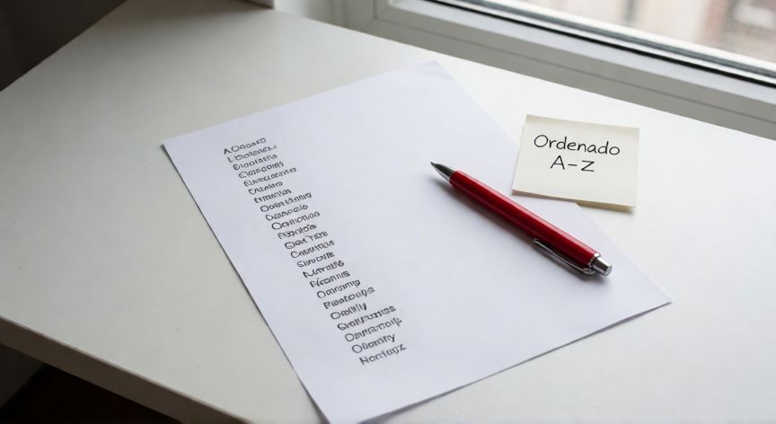 en word se puede ordenar alfabeticamente, Lista de nombres ordenada alfabéticamente impresa en papel con una nota adhesiva