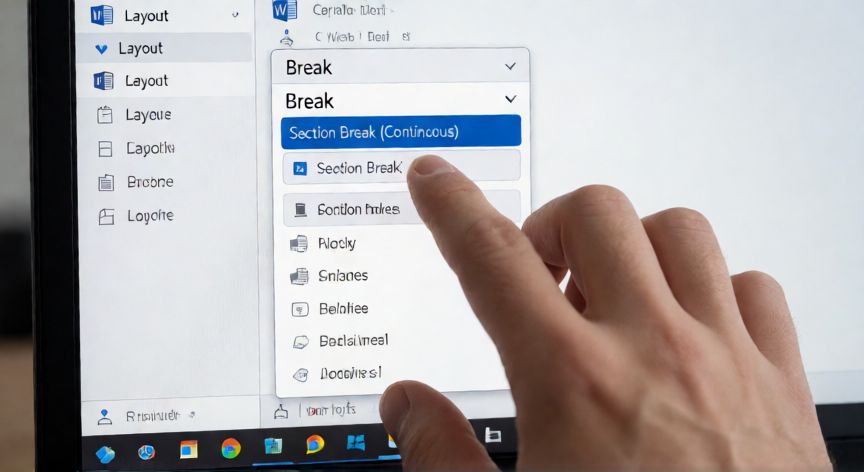 en word se puede poner una pagina vertical y otra horizontal, Menú de separadores en Word seleccionando salto de sección continuo