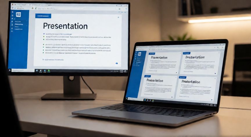 en word se pueden hacer diapositivas, Ordenador portátil mostrando un documento de Word formateado como diapositivas en modo presentación a pantalla completa